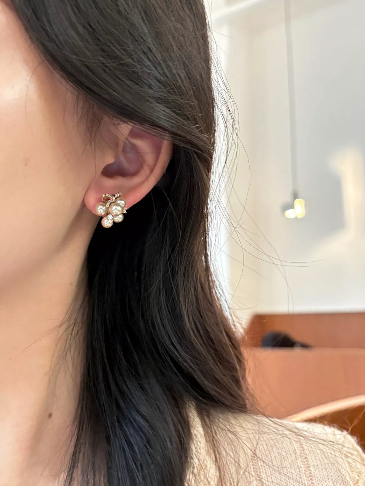 Pearl Cluster Bow Earrings - alternate earring view