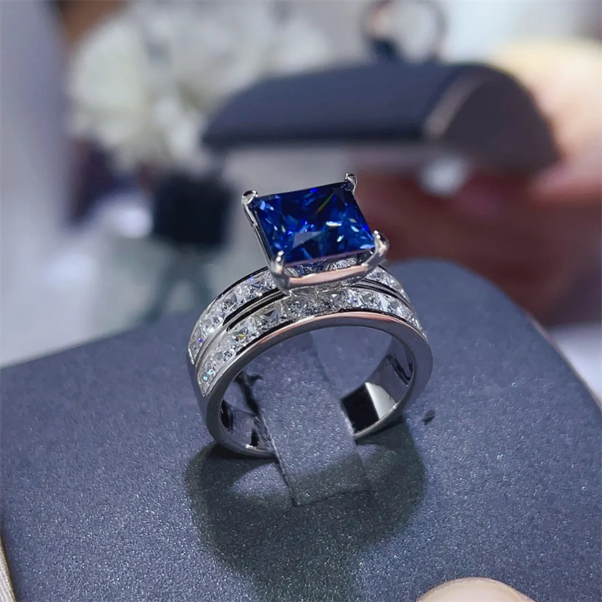 3 Carat Moissanite Sterling Silver Ring in Royal Blue - women's ring
