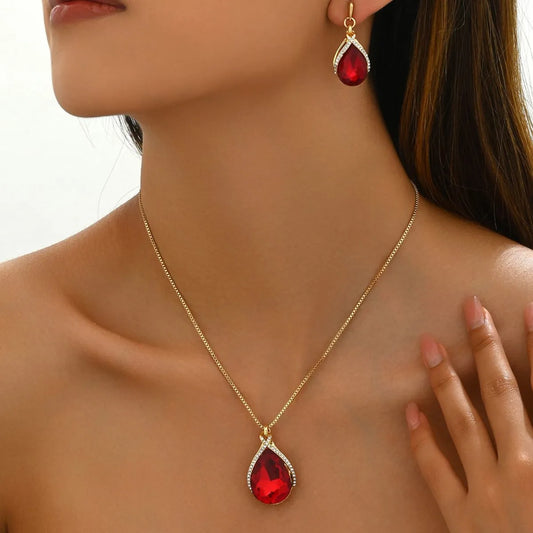 18K Gold-Plated Rhinestone Teardrop Necklace and Earrings Set in Gold - women's necklace