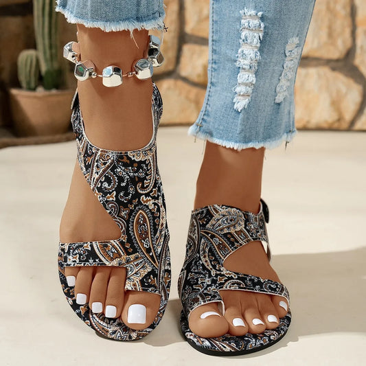 Cutout Printed Flat Sandals in Multi-colored - women's flat sandals