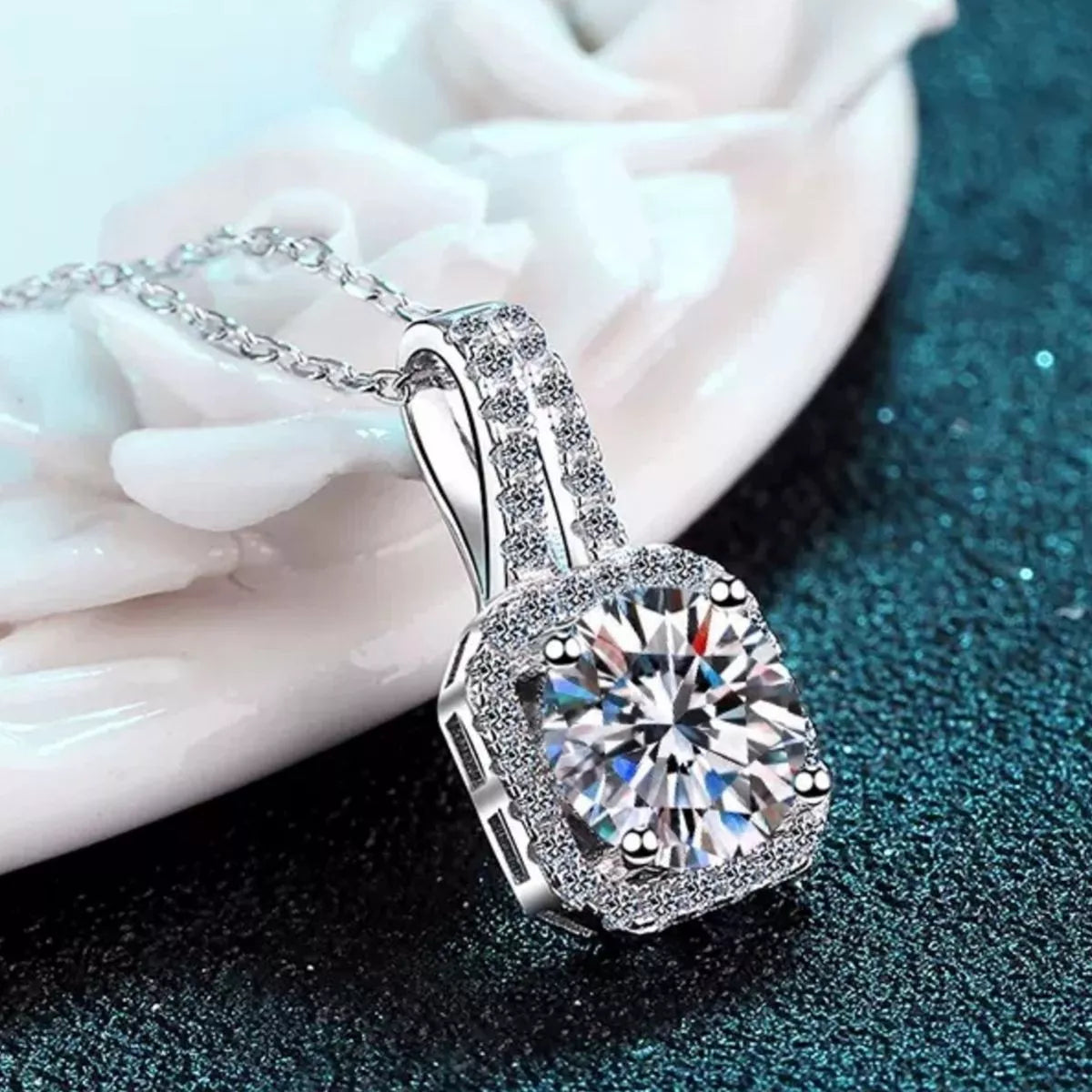 5 Carat Moissanite Sterling Silver Pendant Necklace - alternate necklace view