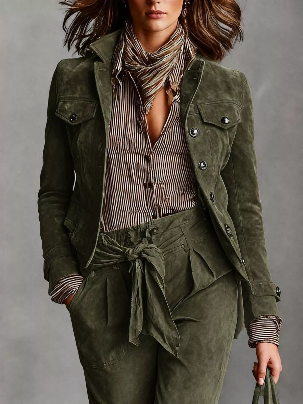 Full Size Suede Utility Blazer with Button-Front Detail Plus Size in Caramel - Blossom's