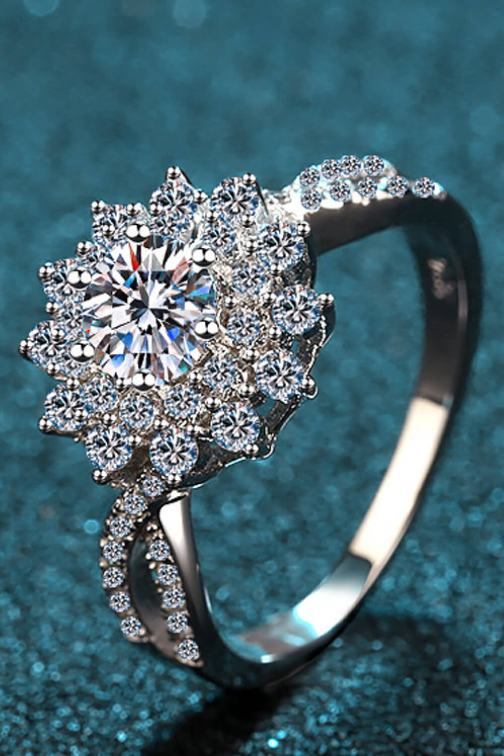 Moissanite Flower-Shape Split Shank Ring in Silver - women's ring