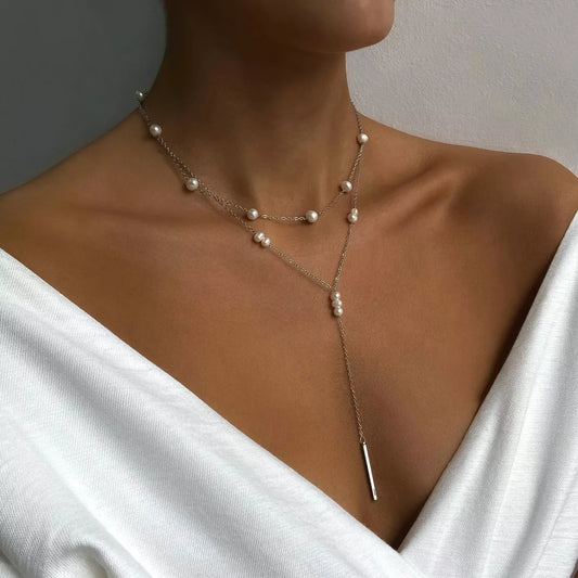 Double Layered Pearl Y-Shaped Necklace in Silver - women's layered necklace