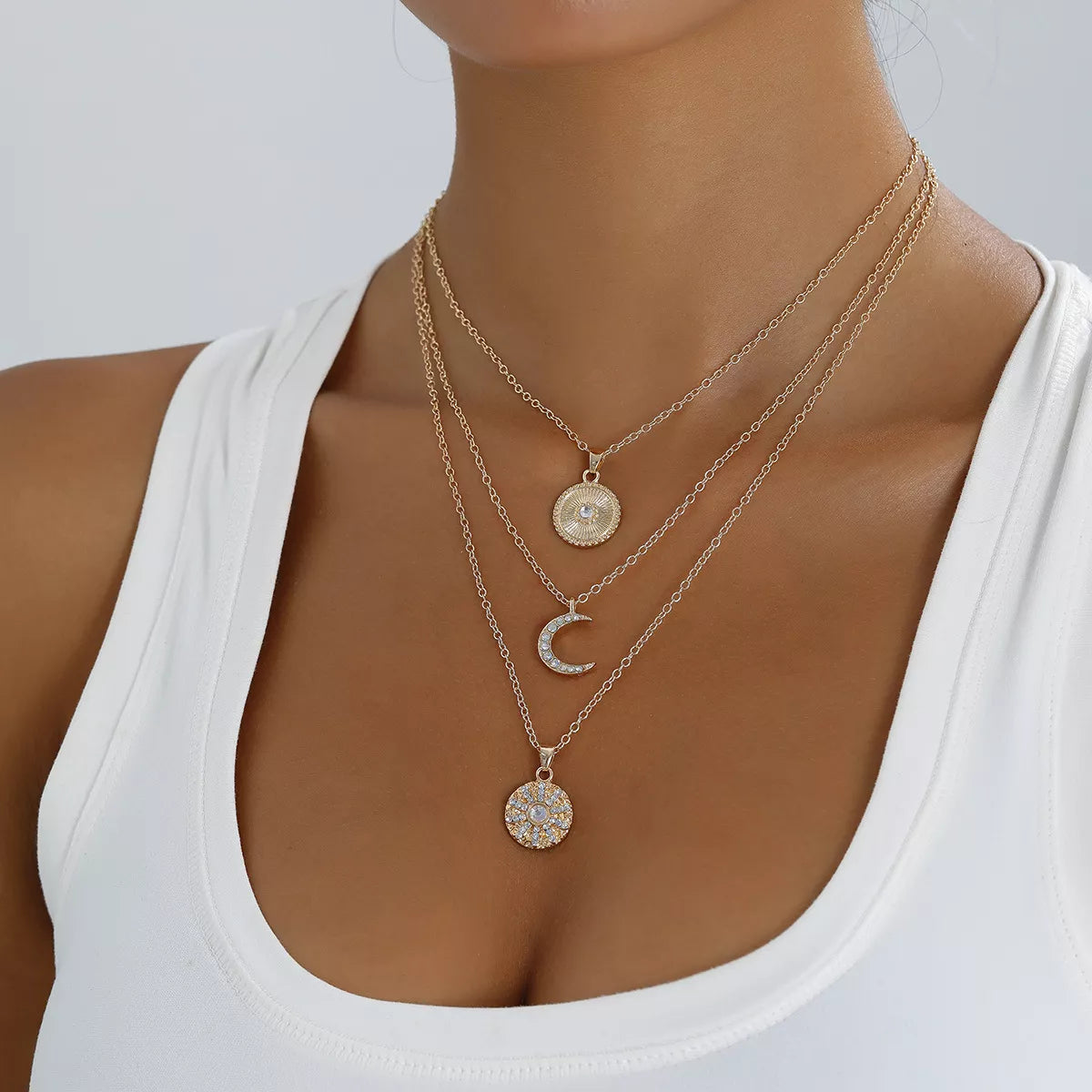Multi-Layered Gold-Tone Moon and Coin Pendant Necklace in Gold - women's pendant necklace