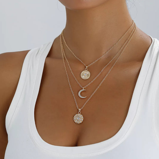 Multi-Layered Gold-Tone Moon and Coin Pendant Necklace in Gold - women's pendant necklace