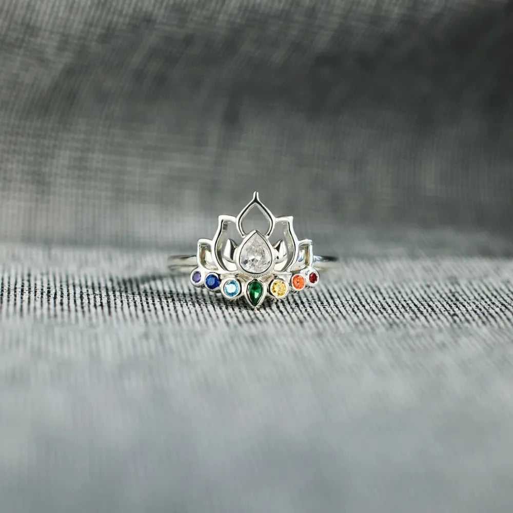 Sterling Silver Inlaid Zircon Lotus Shape Ring in Silver - women's ring