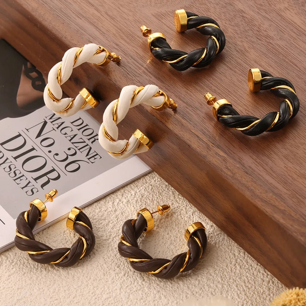 Twisted Leather Rope C-Hoop Earrings in Coffee Brown - women's hoop earrings