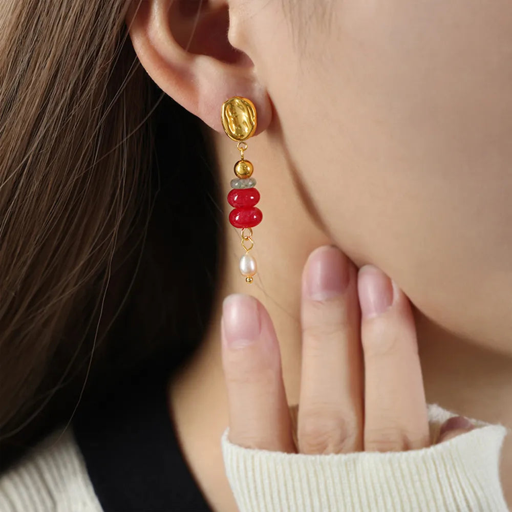 Natural Stone Freshwater Pearl Dangle Earrings - alternate earring view