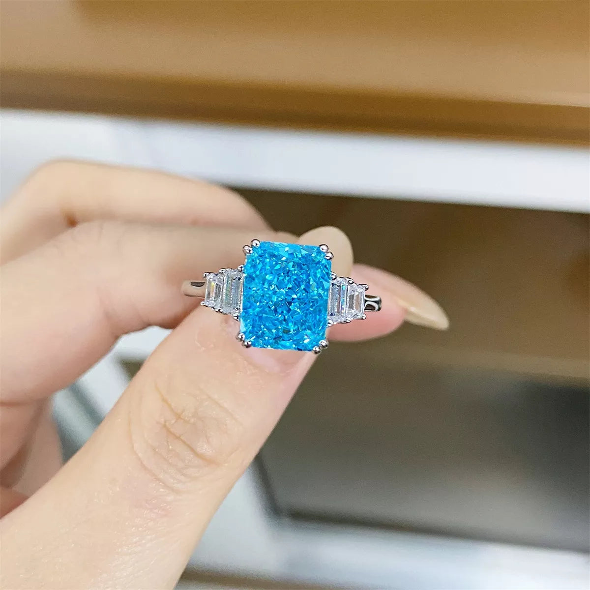 Sterling Silver Zircon Geometric Ring in Pastel Blue - women's ring