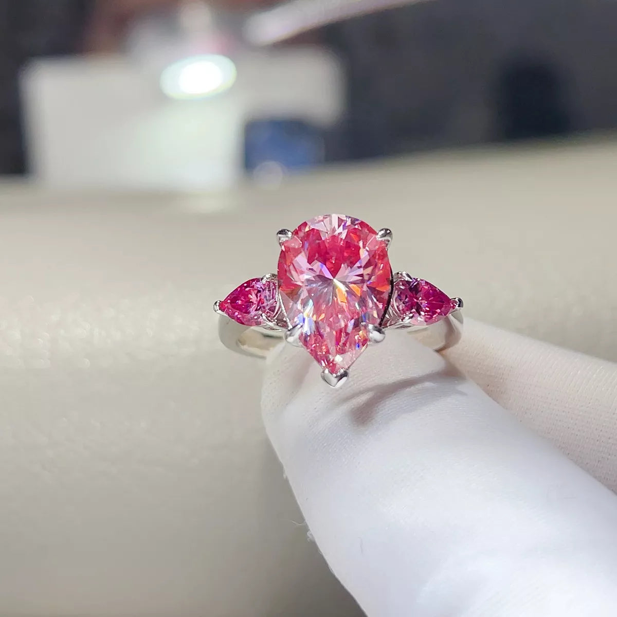 6 Carat Moissanite Sterling Silver Teardrop Ring in Pink - women's ring