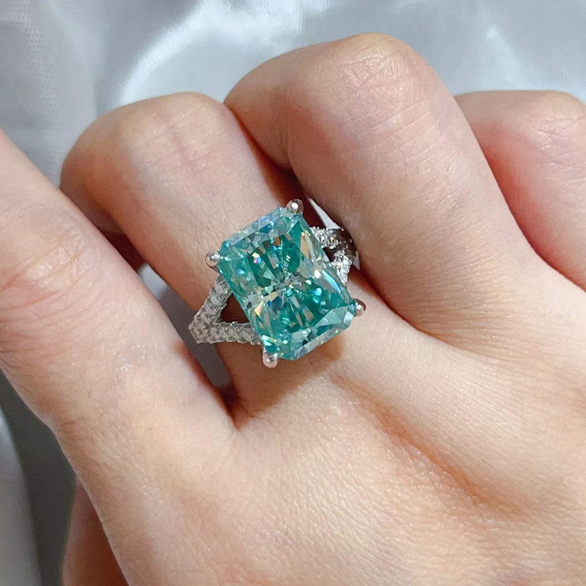 10 Carat Sterling Silver Moissanite Ring in Mint Blue - women's ring