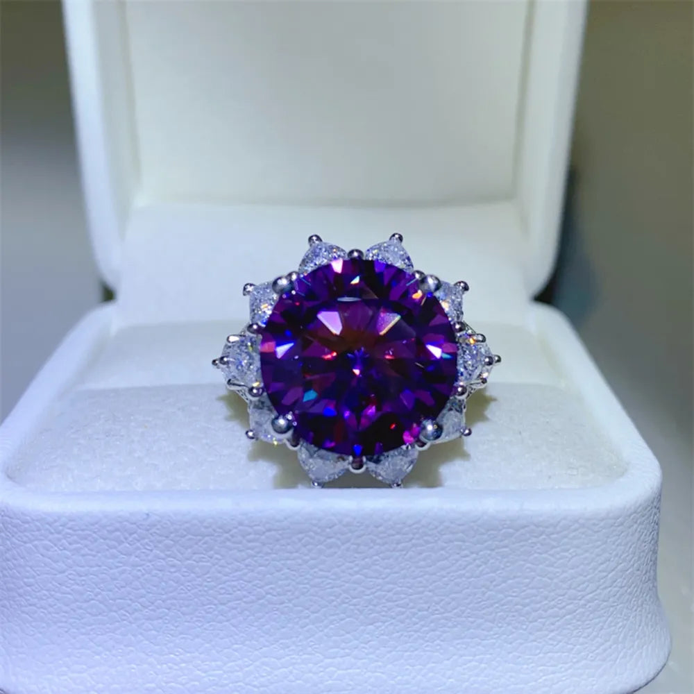 10 Carat Moissanite Sterling Silver Flower Shape Ring in Deep Purple - women's ring