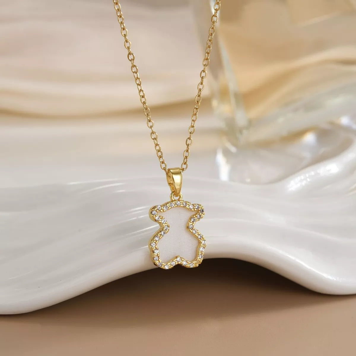 18K Gold-Plated Bear Pendant Necklace in Ivory - women's pendant necklace