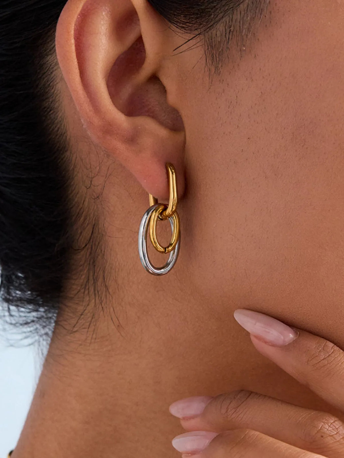 Stainless Steel Two-Tone Interlocked Hoop Earrings in Gold - women's hoop earrings