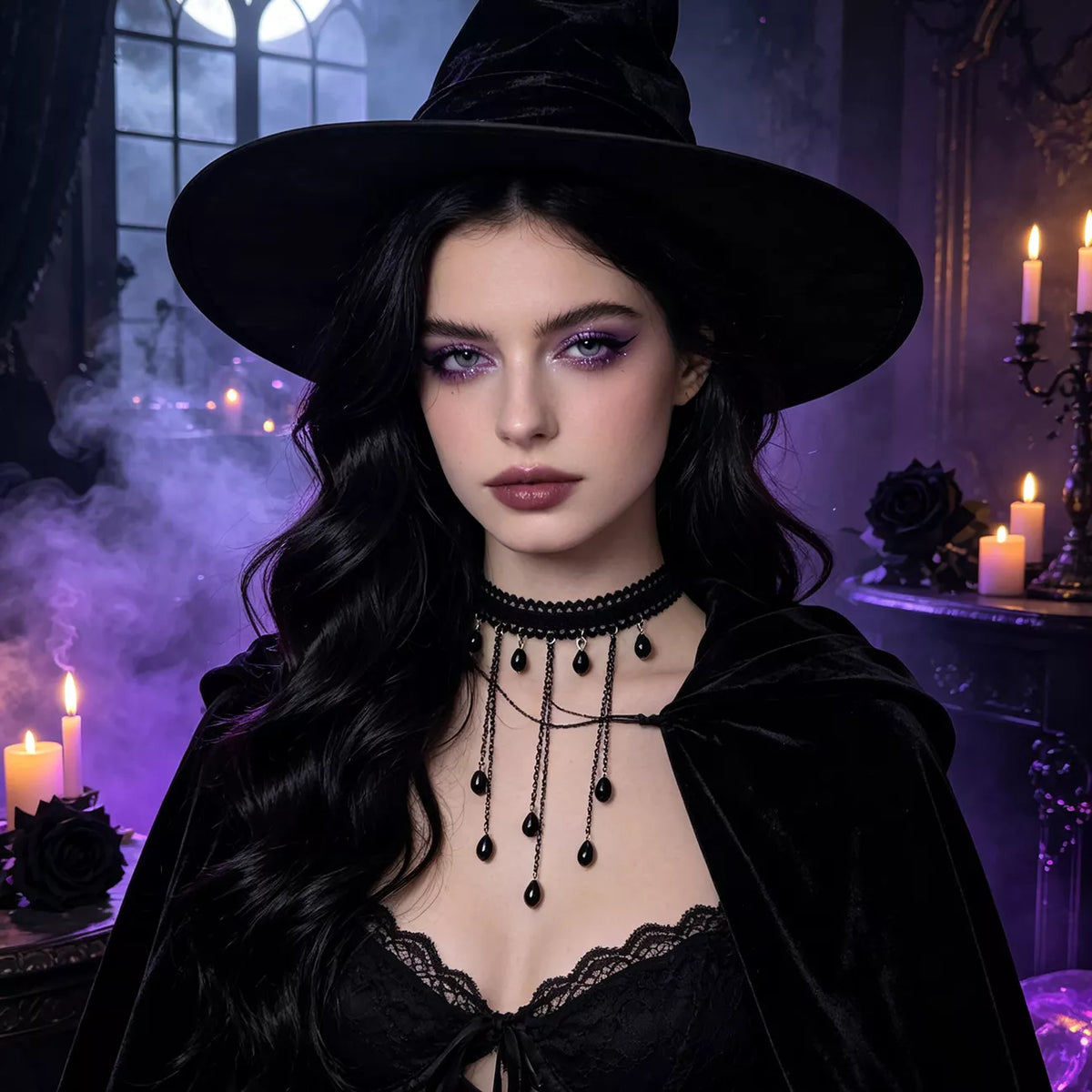 Gothic Lace Choker Necklace with Teardrop Dangle Charms - alternate necklace view