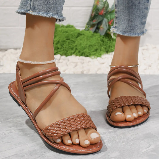 Braided Ankle Strap Flat Sandals in Black - women's braided sandals