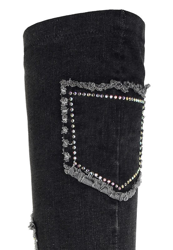 Rhinestones Knee High Denim Boots