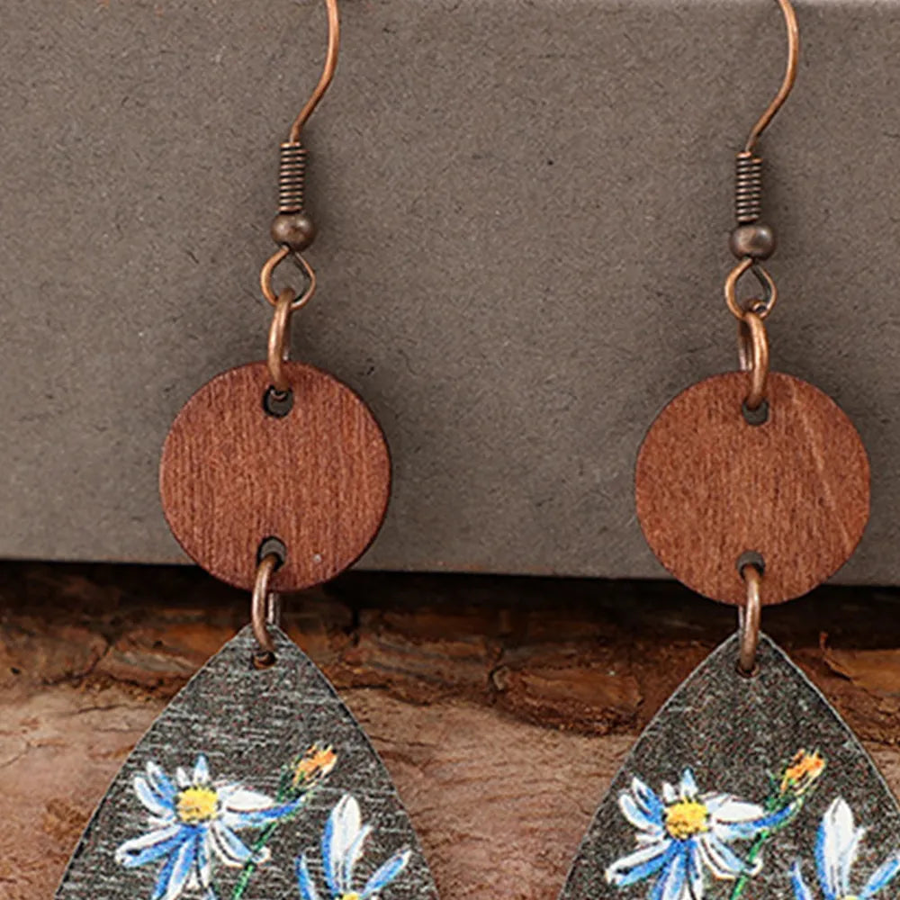 Flower Geometric Shape Wooden Earrings - alternate earring view