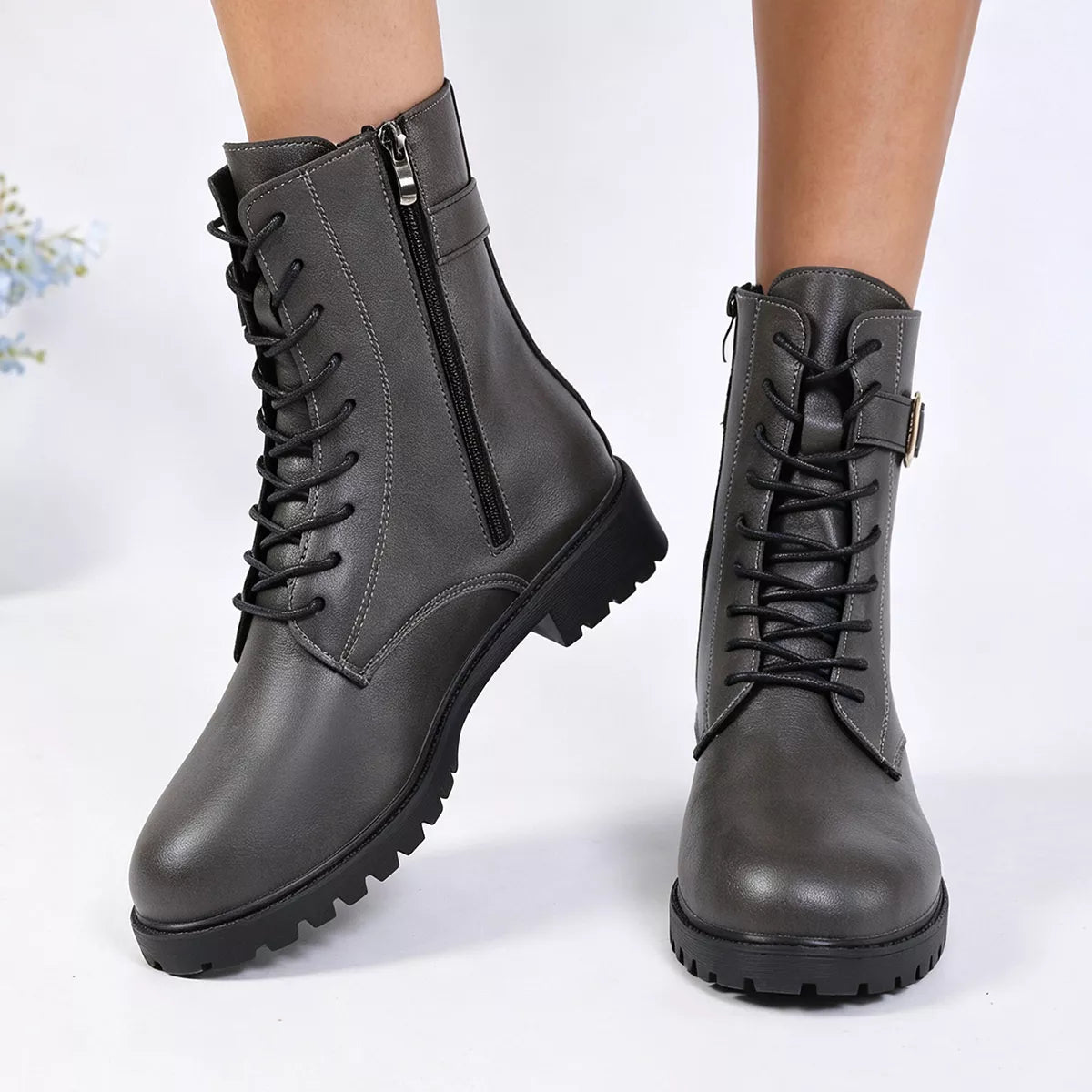 Round-Toe Lace-Up Boots in Coffee Brown - women's boots