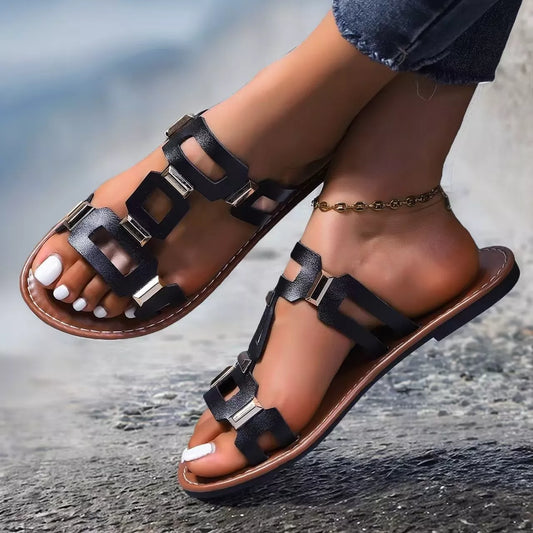 Open-Toe Geometric Embellishments Sandals in White - women's flat sandals