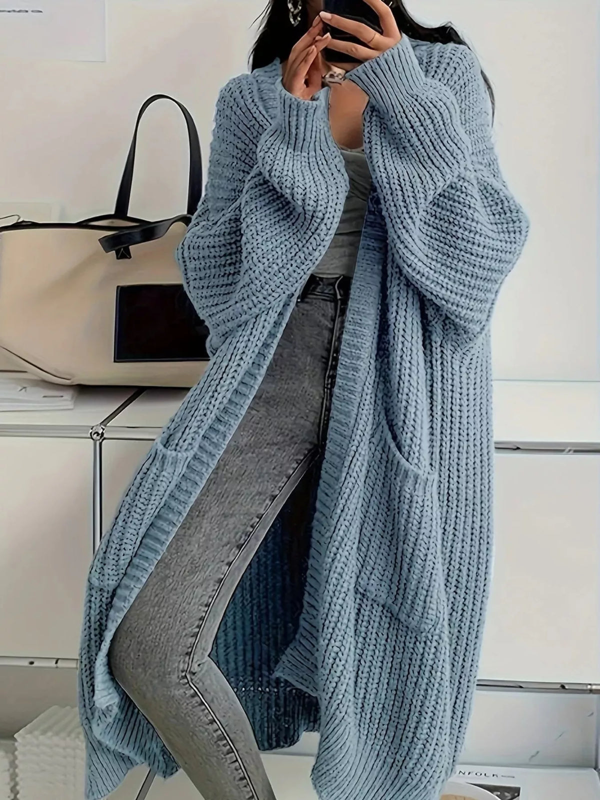 Chunky-Knit Openwork Front Longline Cardigan in Navy - women's cardigan