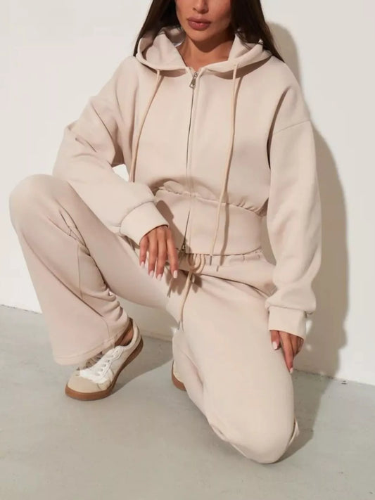 Zip-Up Hoodie and Wide-Leg Pants Set in Apricot - women's matching pants set