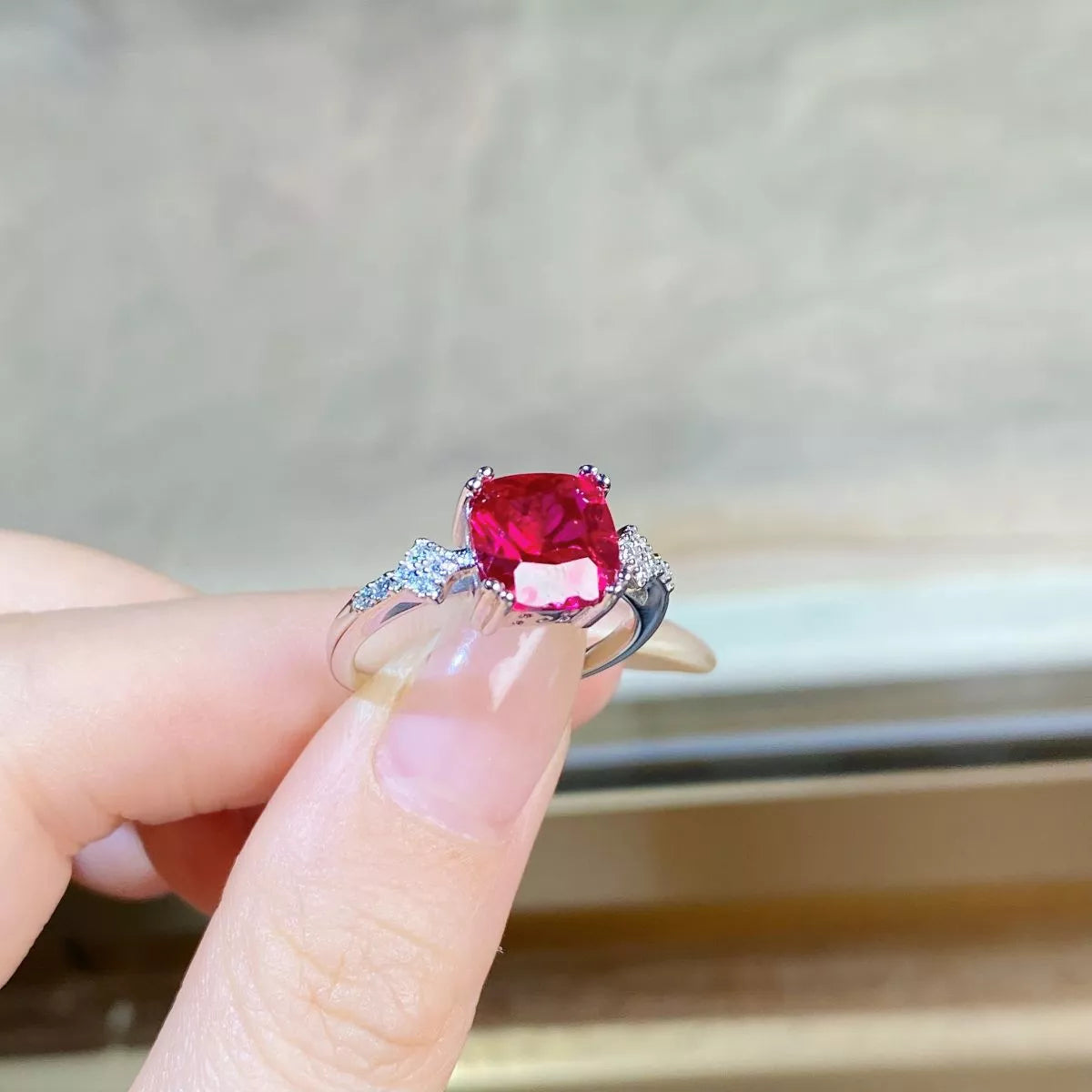 Sterling Silver Zircon Geometric Ring in Red - women's ring