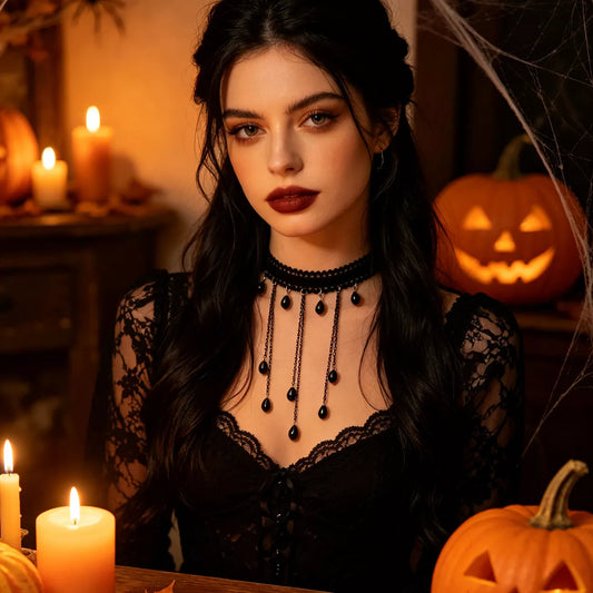Gothic Lace Choker Necklace with Teardrop Dangle Charms in Black - women's choker necklace