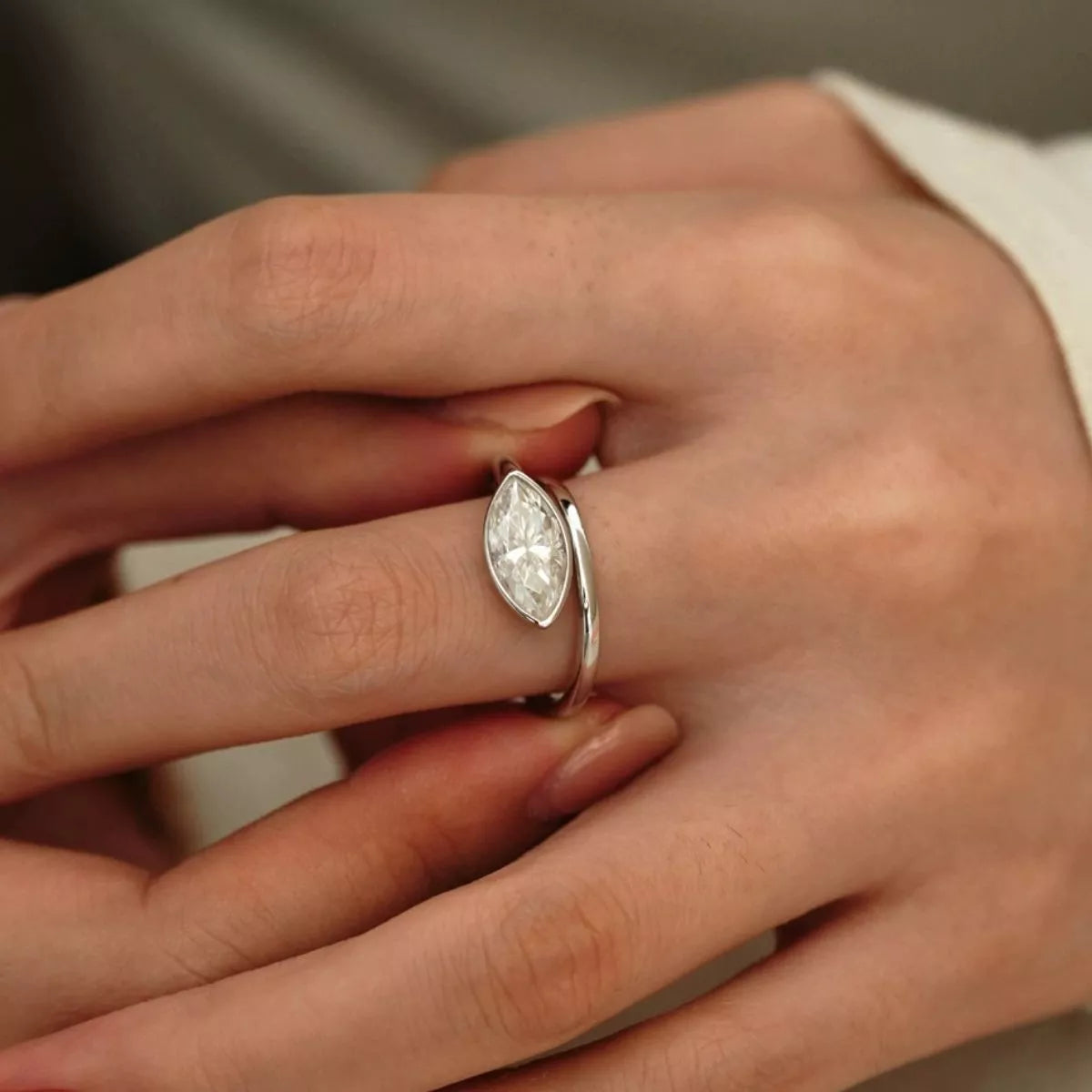 2 Carat Sterling Silver Moissanite Marquise Cut Bypass Ring in Silver - women's ring