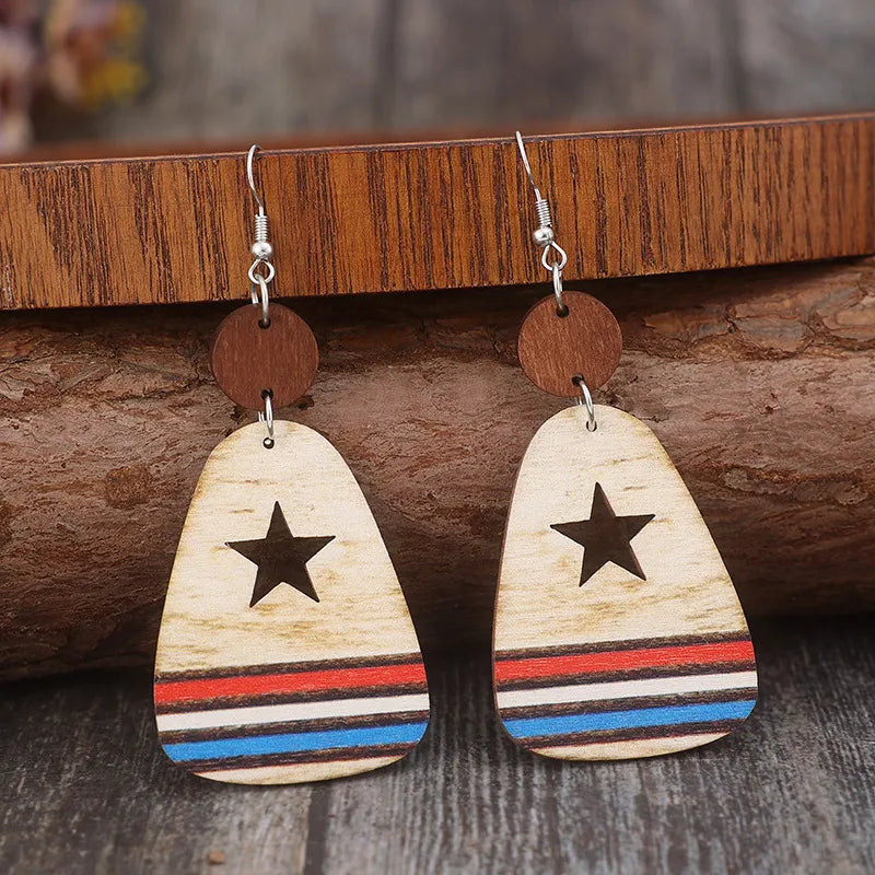 Cutout Star & Stripes Wooden Dangle Earrings - alternate earring view