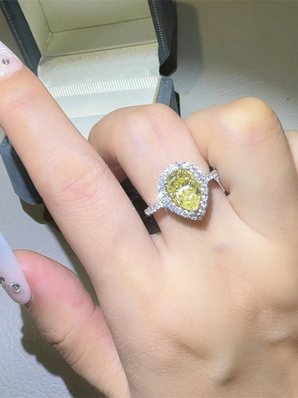 2 Carat Moissanite Sterling Silver Teardrop Ring in Yellow - women's ring