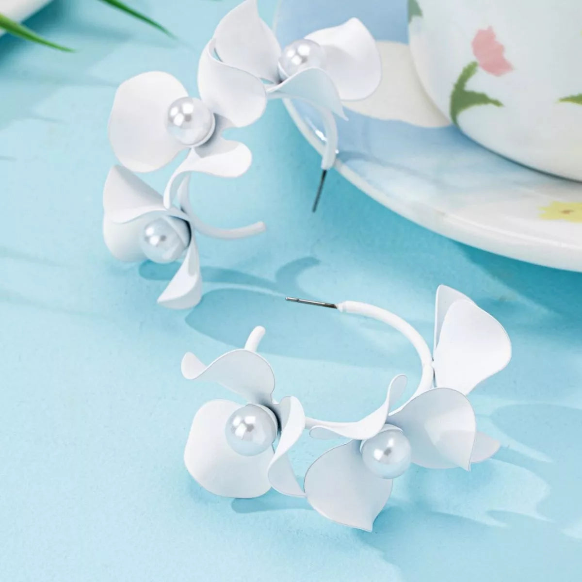 Floral Pearl Hoop Earrings - alternate earring view
