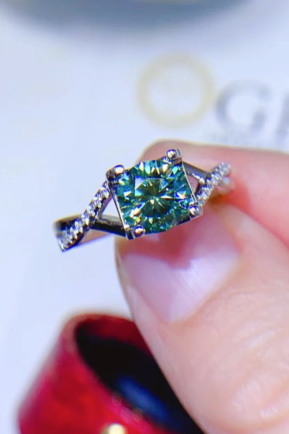 1 Carat Moissanite Sterling Silver Ring in Light Green - women's ring