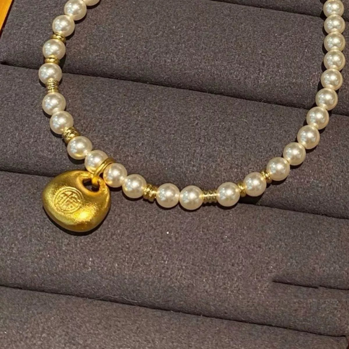 Pearl Necklace with Golden Pendant - alternate necklace view