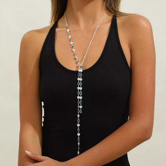 Rhinestone Butterfly Tassel Y‑Shape Lariat Necklace in Silver - women's necklace