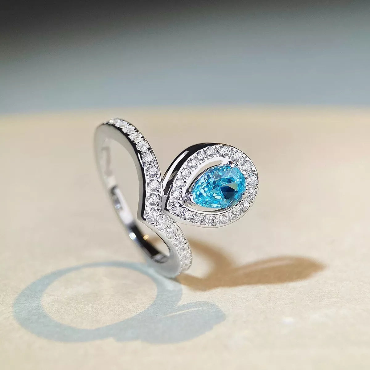 Sterling Silver Zircon Teardrop Ring in Mint Blue - women's ring
