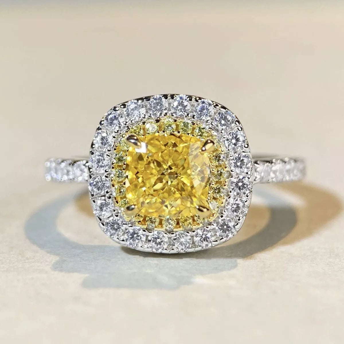 Sterling Silver Zircon Cushion Cut Ring in Light Yellow - women's ring