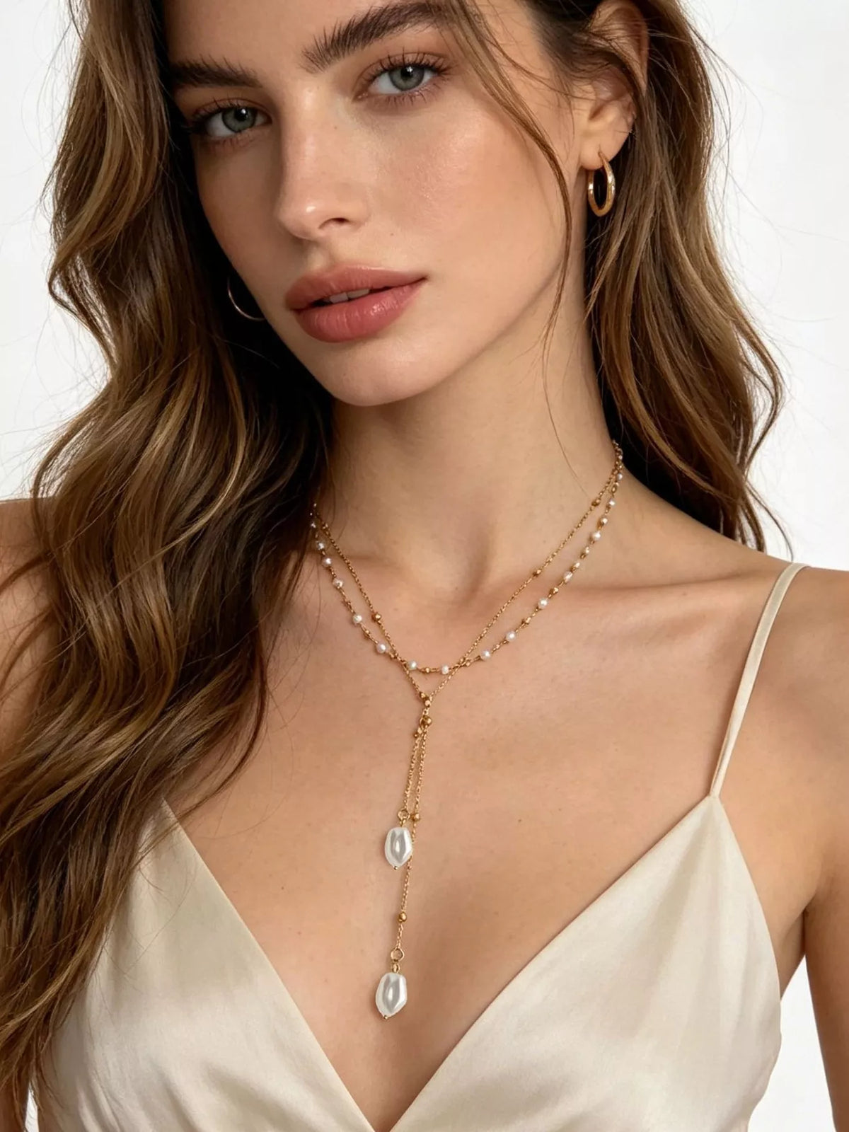 Elegant Layered Y-Shaped Pearl Pendant Necklace - alternate necklace view