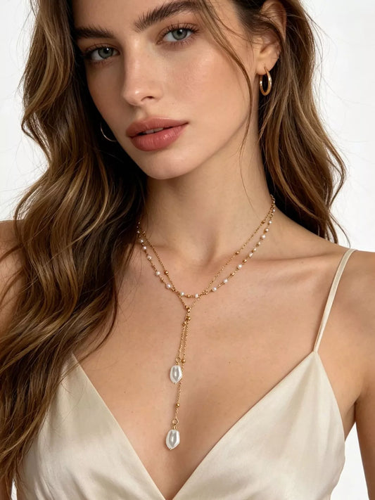 Elegant Layered Y-Shaped Pearl Pendant Necklace - alternate necklace view