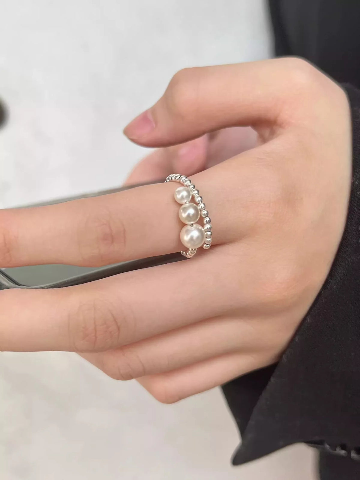 Triple Pearl Beaded Bypass Ring - alternate ring view
