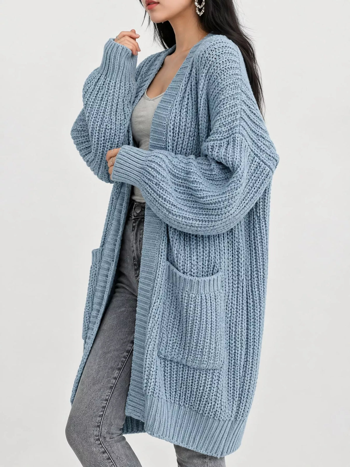 Chunky-Knit Openwork Front Longline Cardigan in Light Blue - women's cardigan