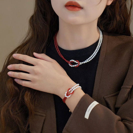 Double Layered Knot Necklace in Deep Red - women's layered necklace