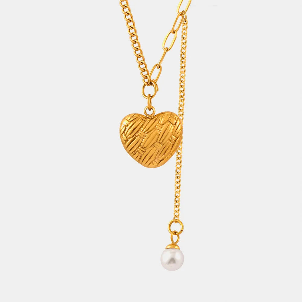 Titanium Steel Imitation Pearl Heart Pendant Necklace - alternate necklace view