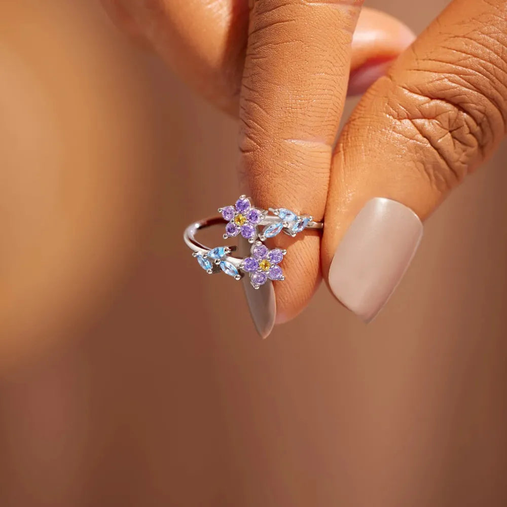 Flower Shape Inlaid Zircon Sterling Silver Ring - alternate ring view