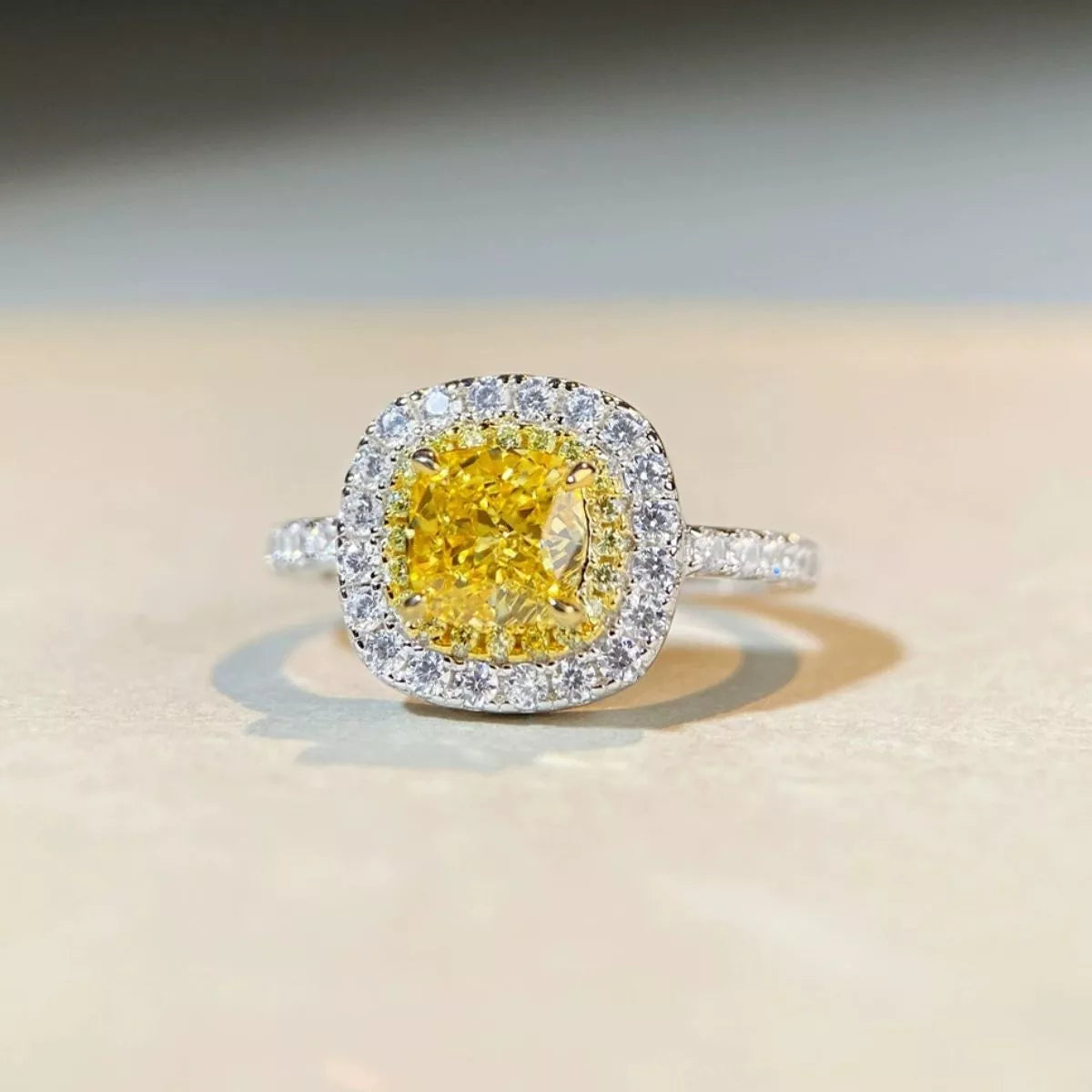 Sterling Silver Zircon Cushion Cut Ring in Light Yellow - women's ring