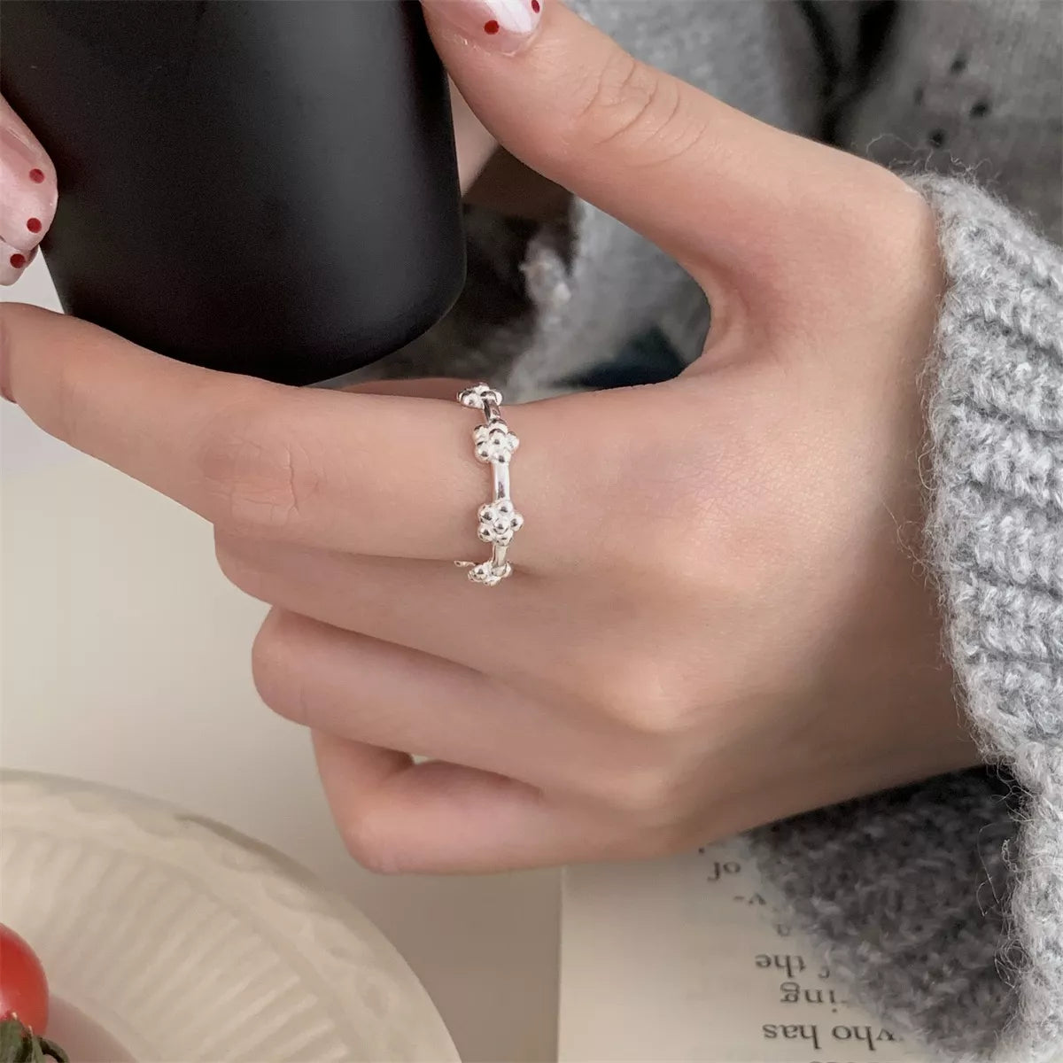 Sterling Silver Flower Ring - alternate ring view