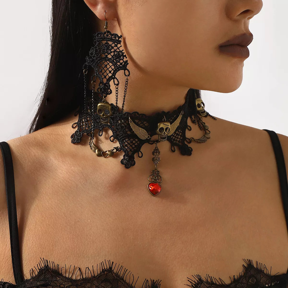 Halloween Lace Skull Necklace and Earrings Set - alternate necklace view