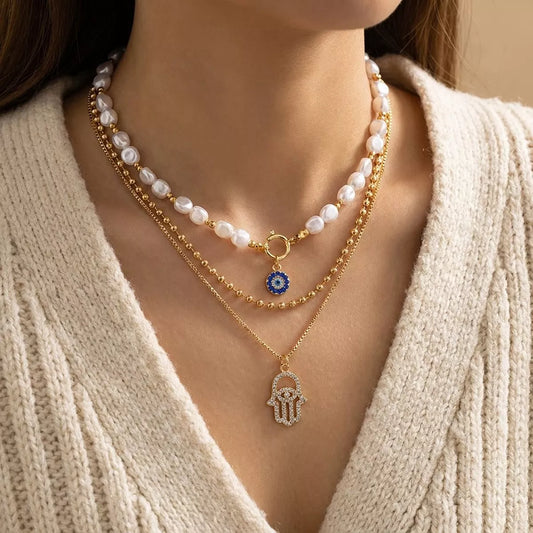 Three Layered 18K Gold-Plated Evil Eye Necklace in Gold - women's layered necklace