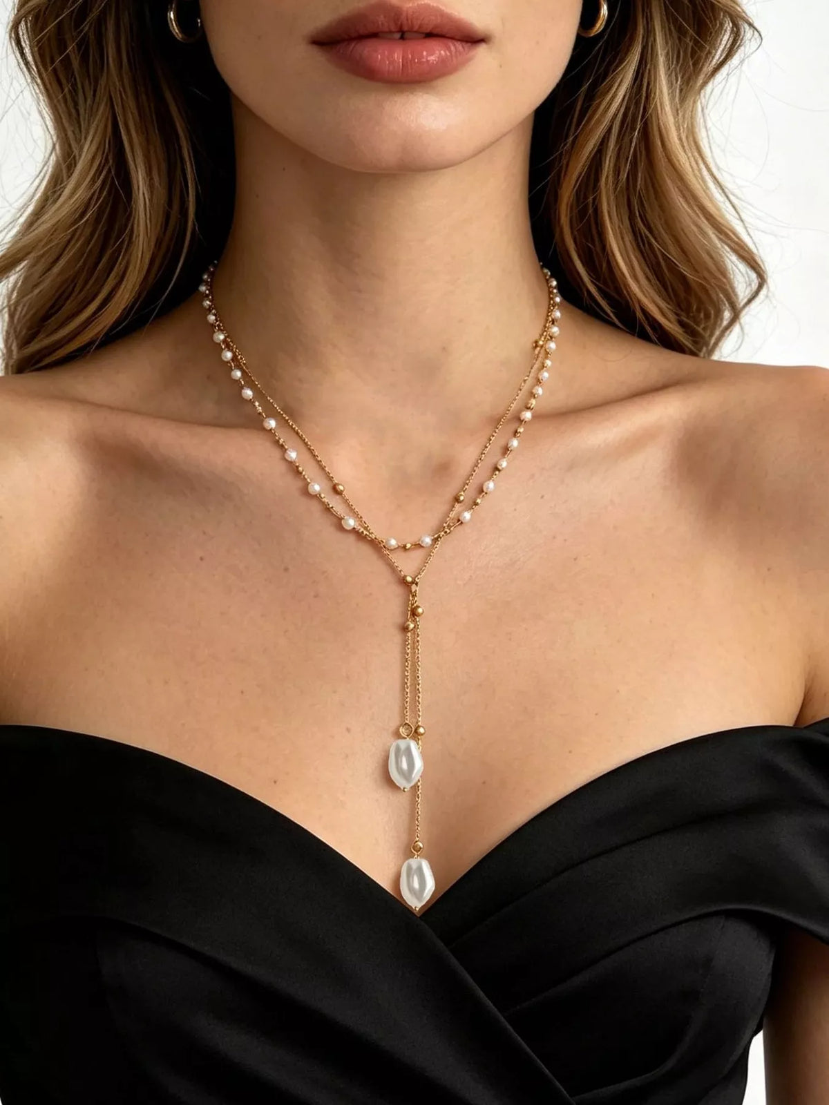 Elegant Layered Y-Shaped Pearl Pendant Necklace - alternate necklace view